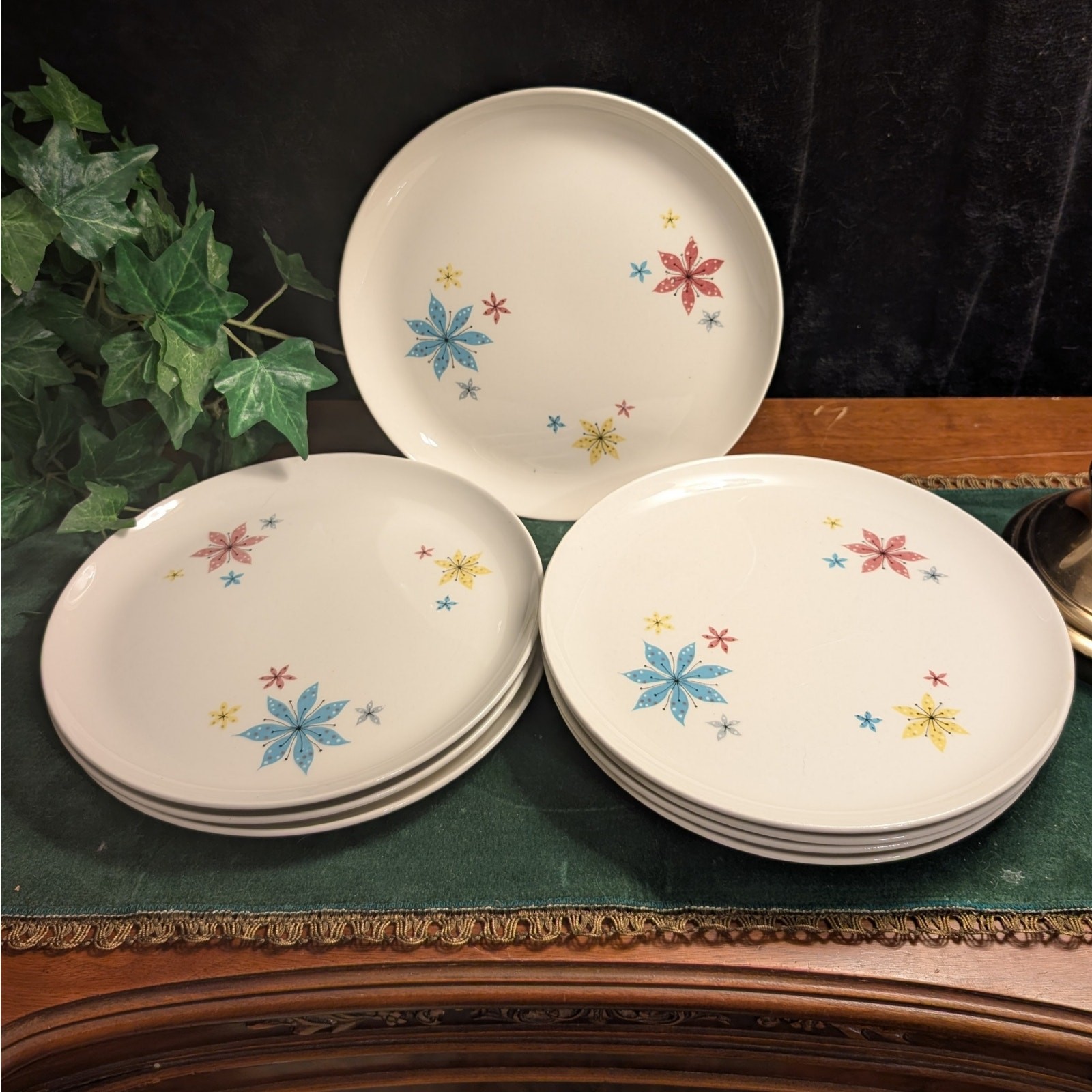 WS George Mulby StarGlow Atomic Floral Dinner Plates Set of 8 MCM 1950s Rare