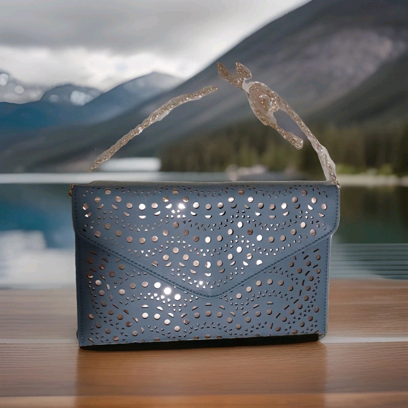 Urban Expressions Women\'s Blue Etched Cutout Clutch Bag Gold Strap Pockets