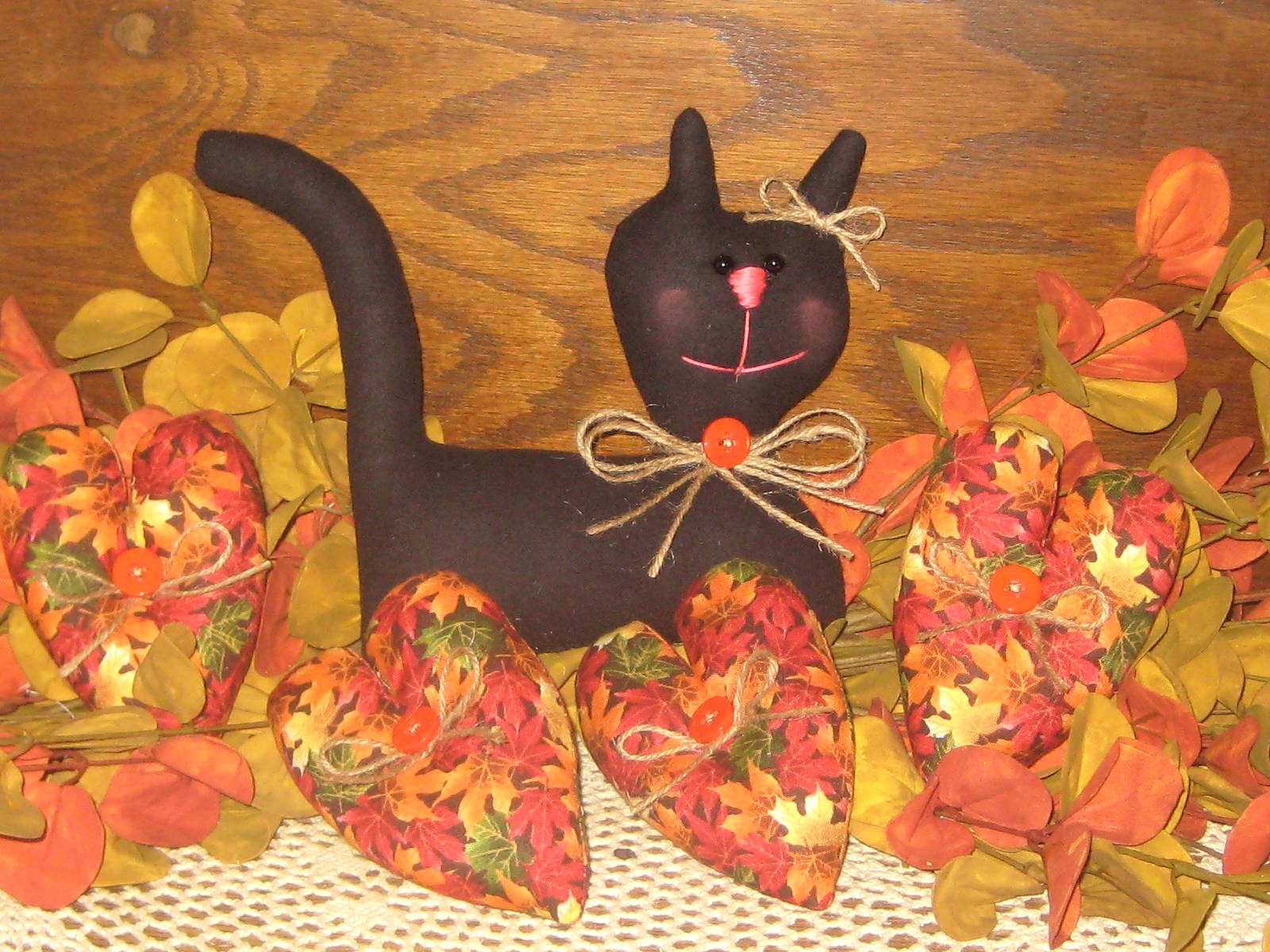 Rustic Fall Country Black Cat Autumn Leaves Hearts Bowl Fillers Wreath Accents