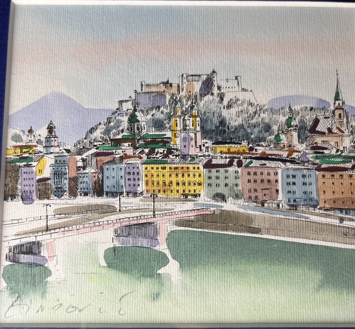 Framed Igor Zindovic Watercolor Painting Salzburg Austria Hohensalzburg 8.5”