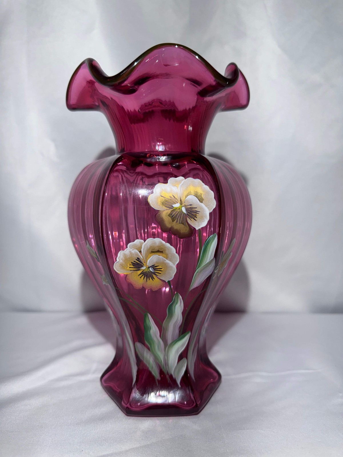 Fenton Art Glass Cranberry Vase Hand-Painted Pansies Signed 1995 George Fenton