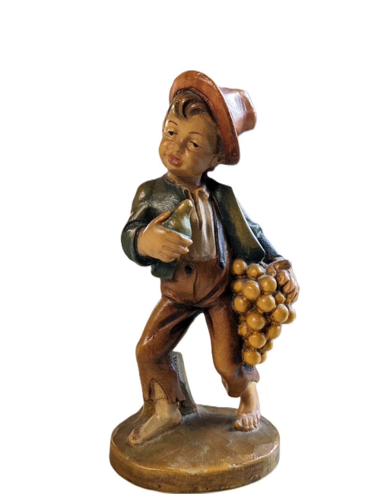 Vintage Anri Style Polychrome Wooden Hand Carved Boy w Wine Grapes Figurine 7\