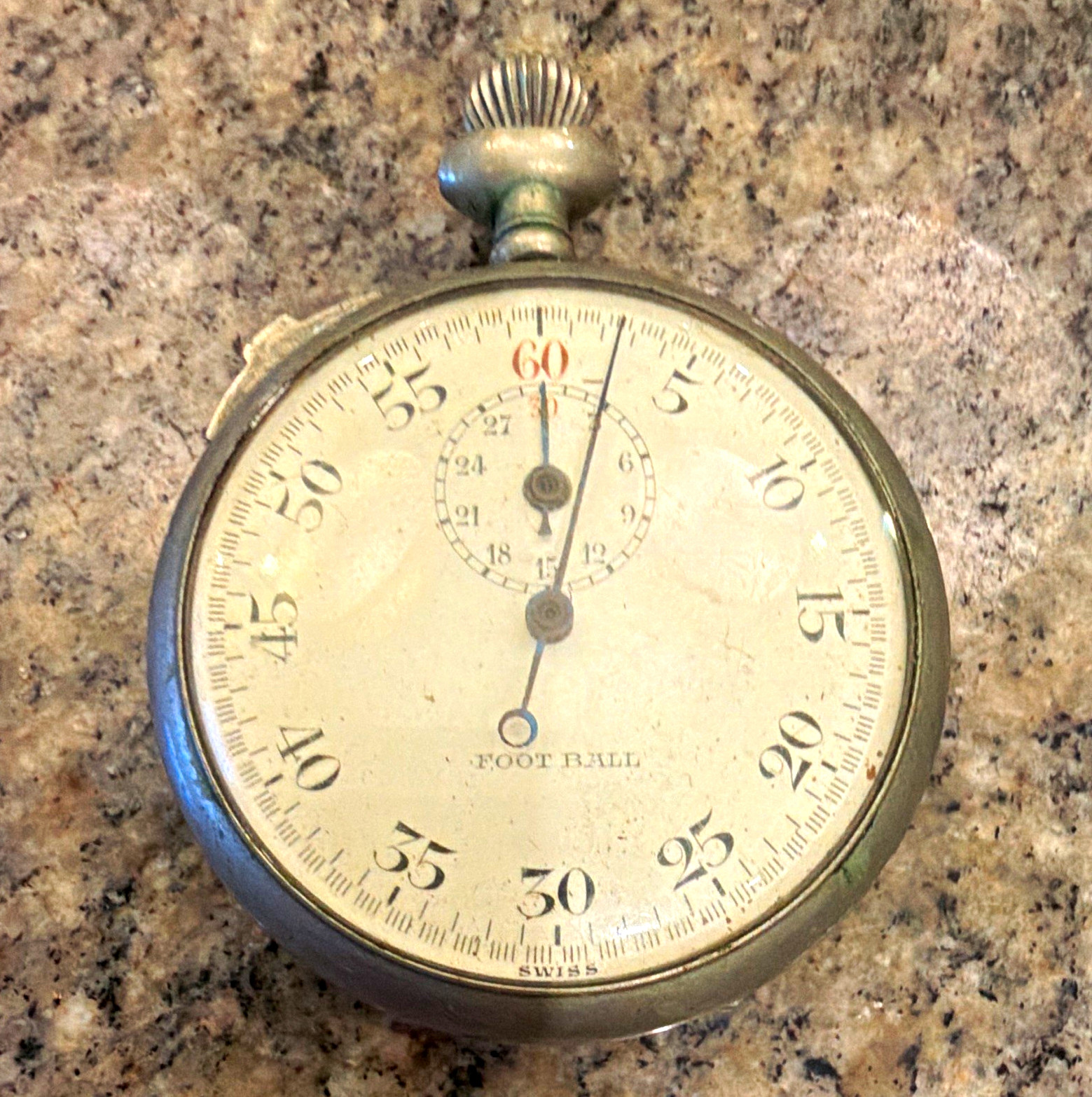 Vintage Swiss Mechanical Metal Stopwatch, Silver 60-Second Football Dial Vintage Swiss Mechanical Metal Stopwatch, Silver 60-Second Football Dial
