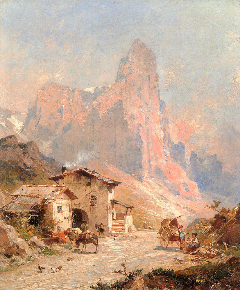 Oil painting Figures-in-A-Village-in-the-Dolomites-Franz-Richard-Unterberger-art