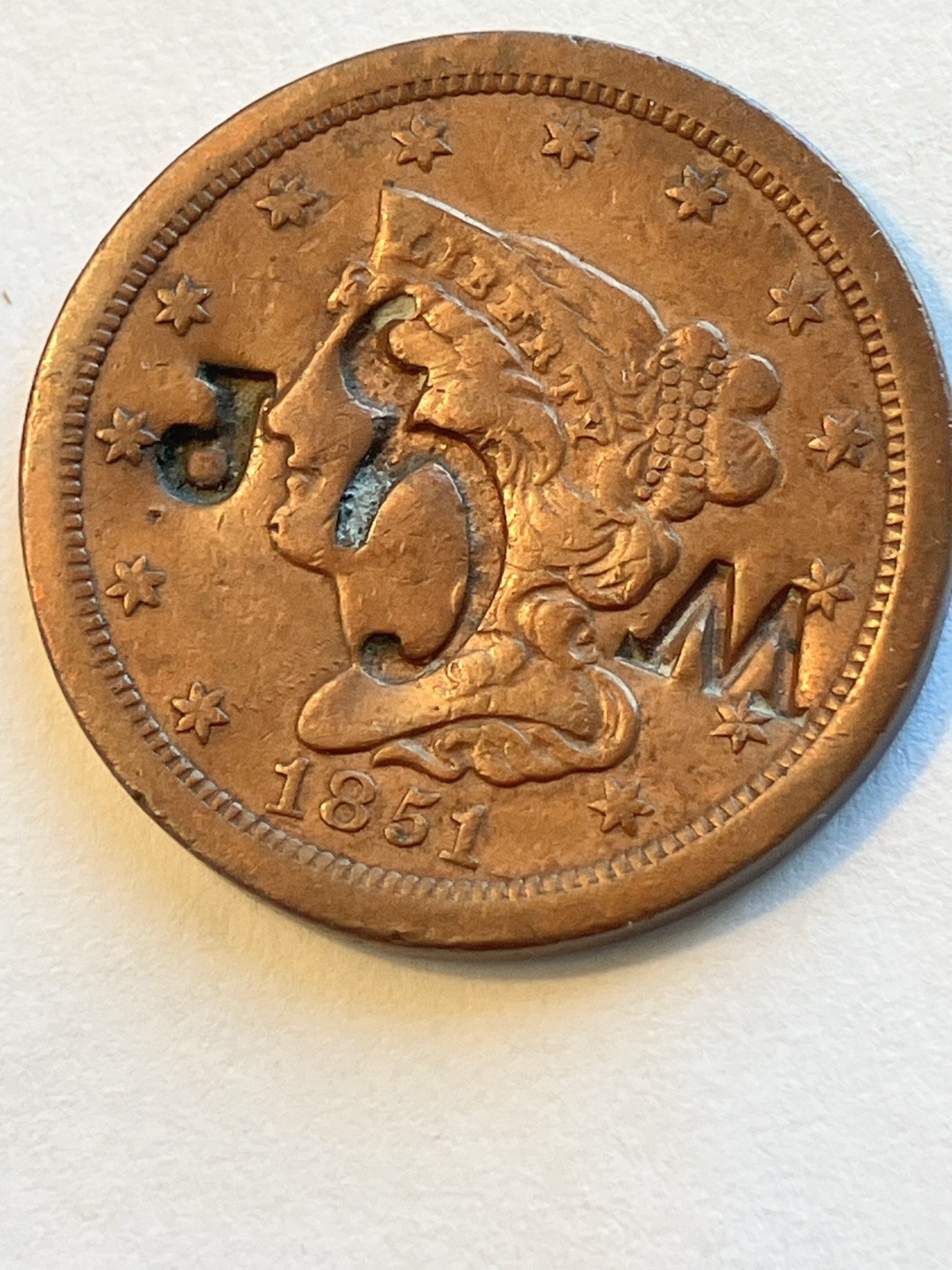 Rare 1851 1/2 Cent Counterstamped W.C.R. High Grade Details USA Rare 1851 1/2 Cent Counterstamped W.C.R. High Grade Details USA