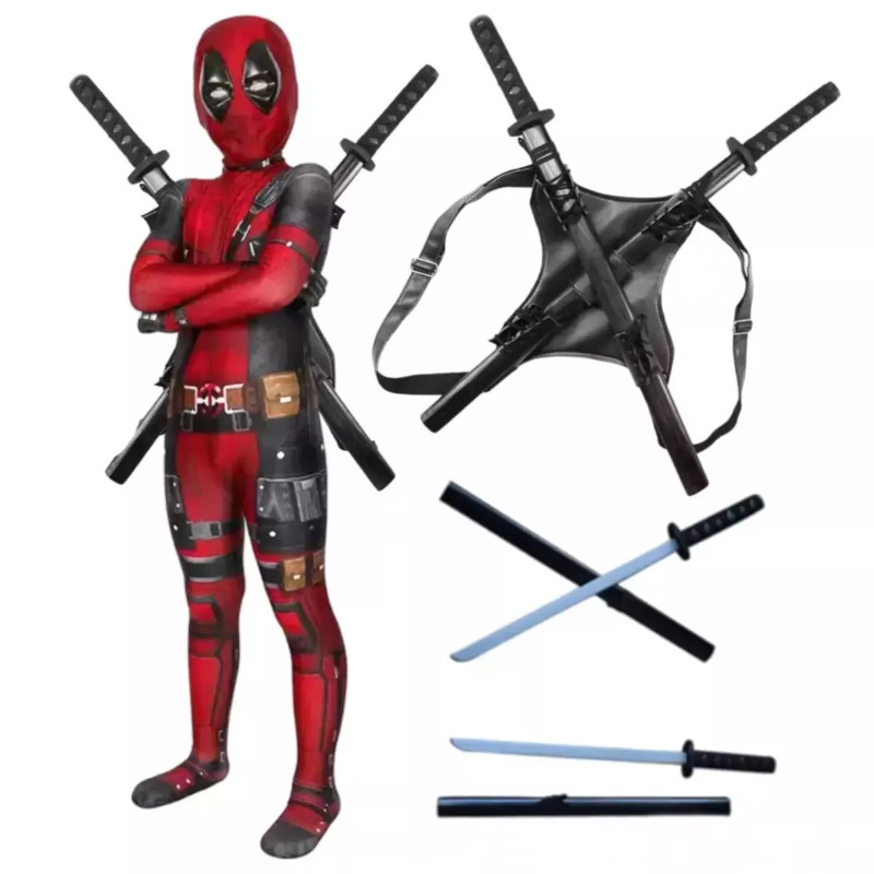 Deadpool Kids Cosplay Costume Jumpsuit wooden swords Deadpool Kids Cosplay Costume Jumpsuit wooden swords