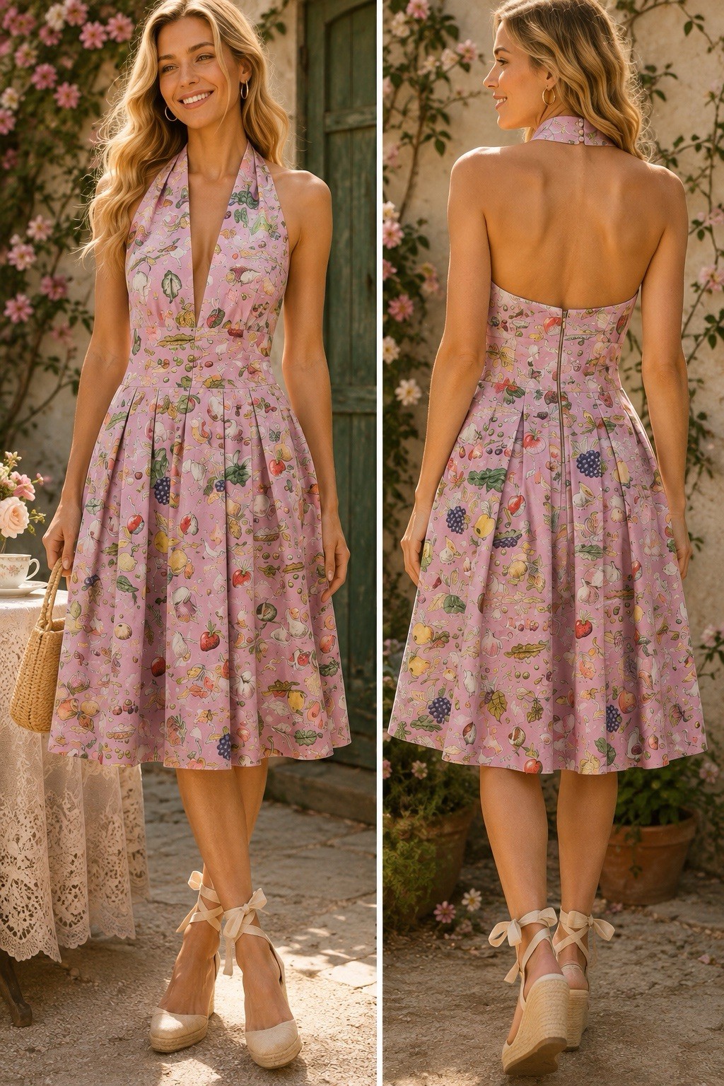 Olympia Le-Tan Diana Dress US 8 FR 40 Halter Neck Parisian Whimsical Retro RARE