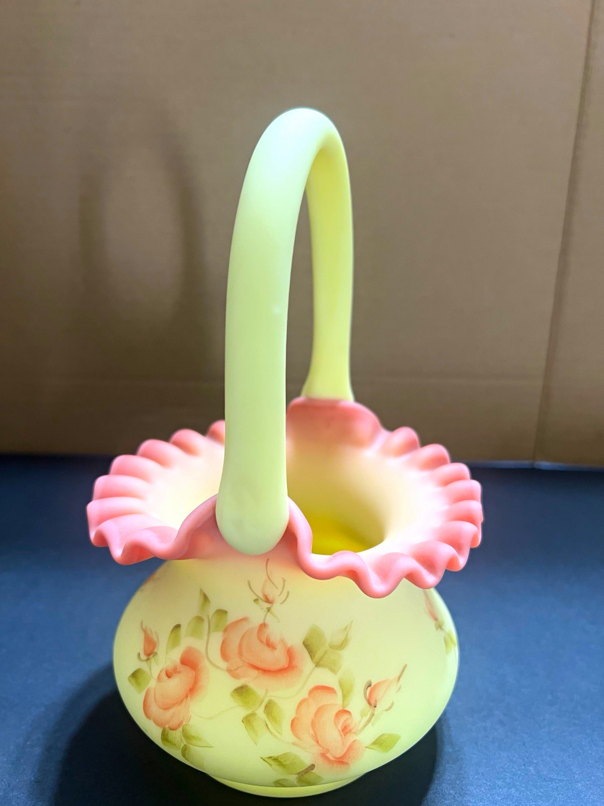 Fenton Burmese Uranium Glass Ruffled Basket Hand Painted Roses Artist Signed 
