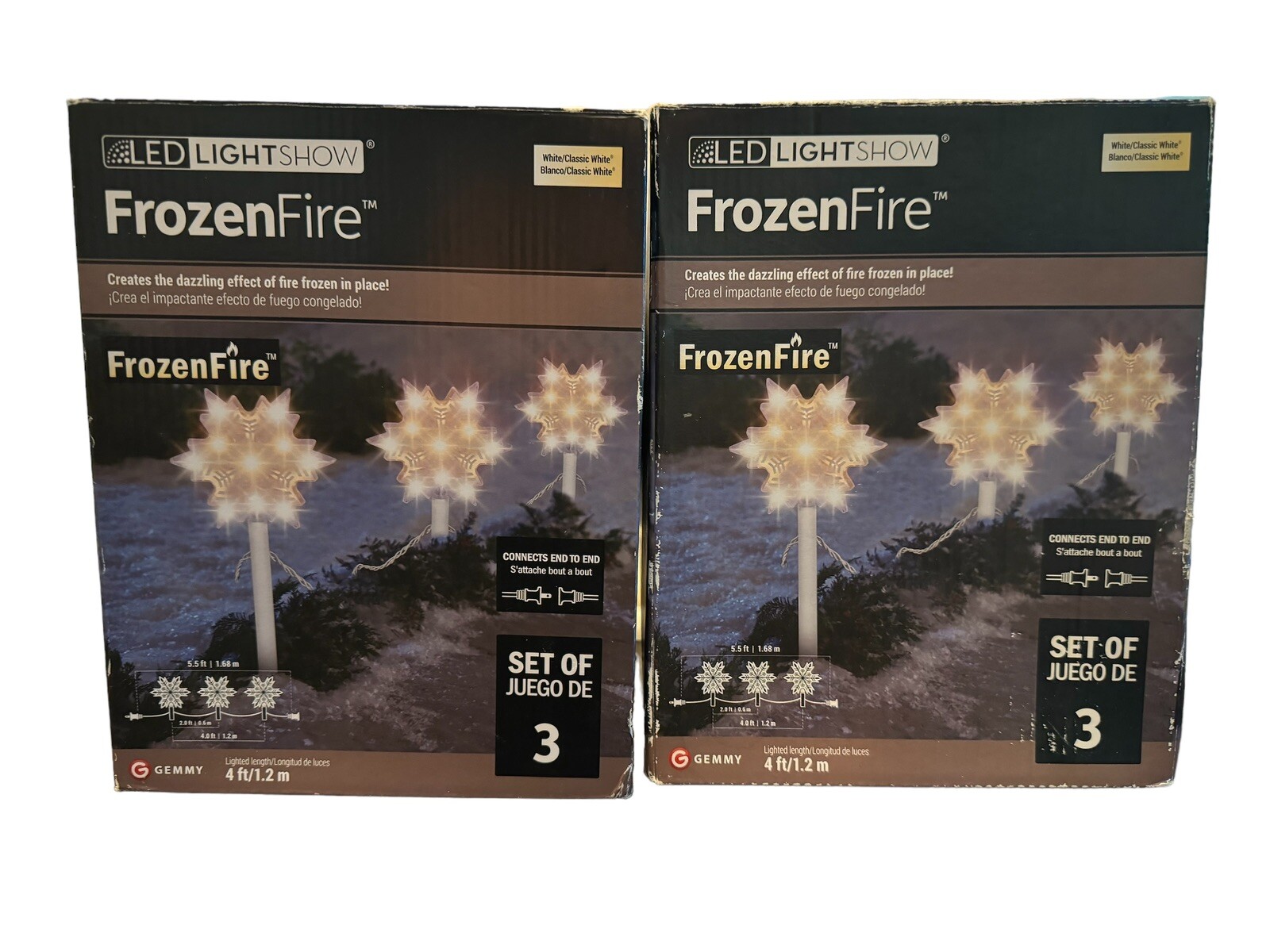 2 Gemmy LED Classic White FrozenFire Lightshow Snowflake Pathway Stake Lights