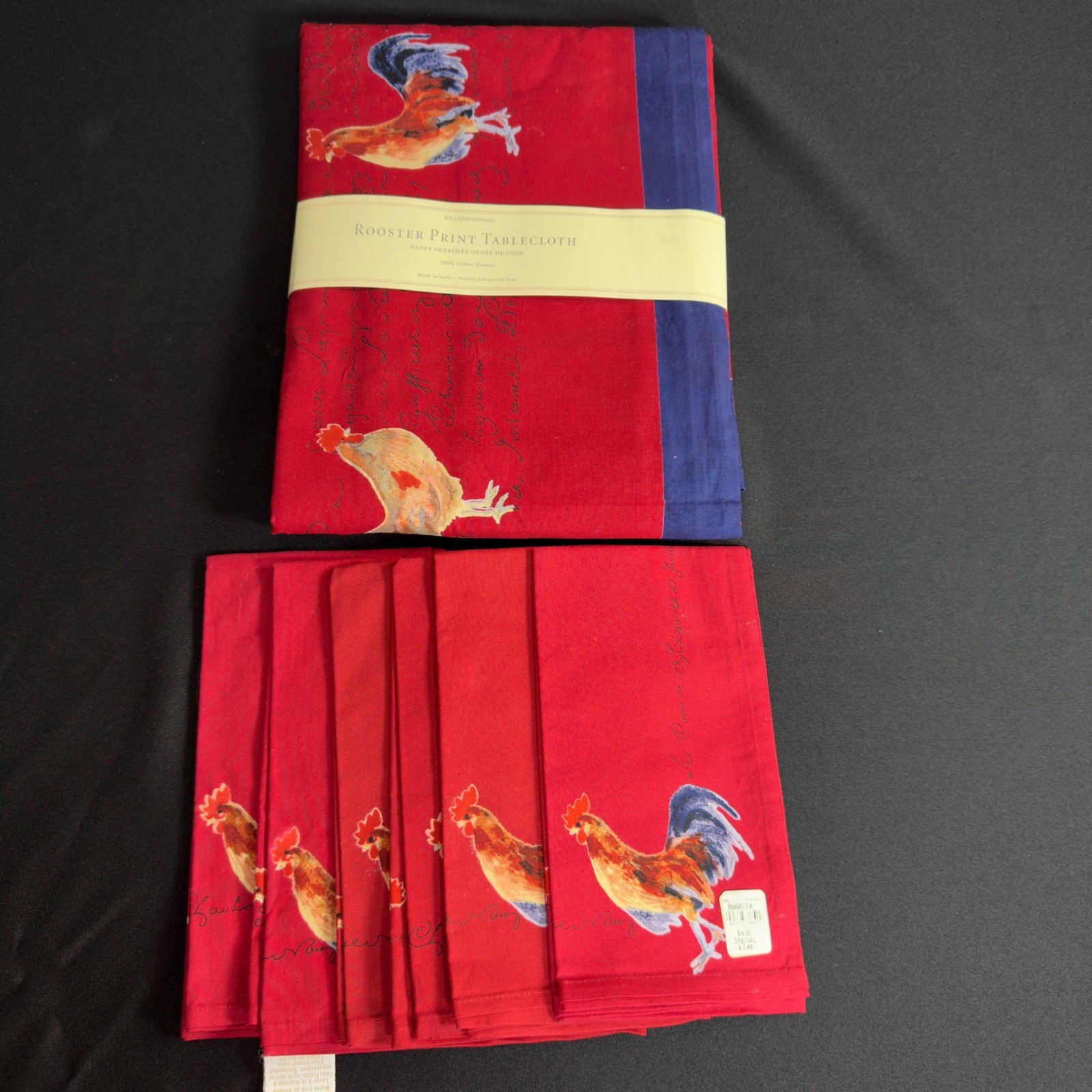 NOS Williams Sonoma Rooster Print Tablecloth 70x108 & 6 Napkins Farm Cottagecore NOS Williams Sonoma Rooster Print Tablecloth 70x108 & 6 Napkins Farm Cottagecore