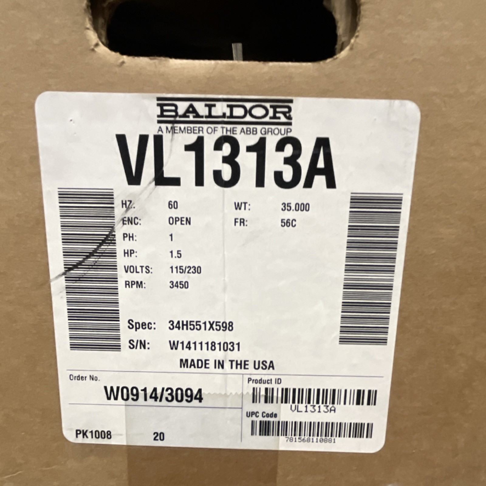 (LOCAL PIC UP) Baldor Reliance VL1313A 1.5 HP 115/230V 3450 RPM 56C Single Phase