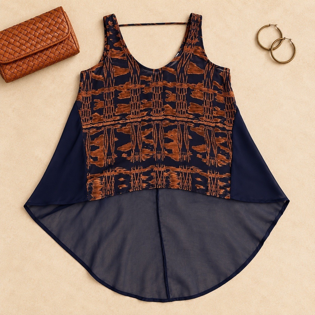 LUSH Women\'s M Navy Rust Sheer High Low Tunic Tank Boho Festival Artsy