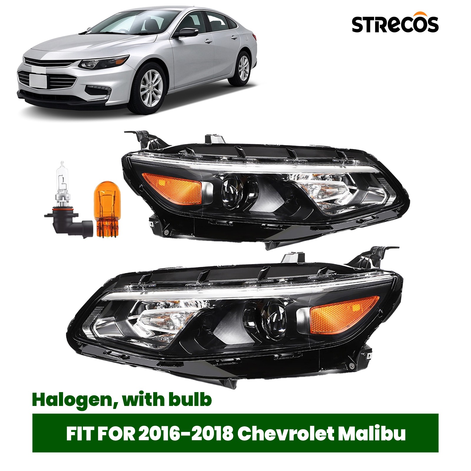 For 2016-2018 Chevy Malibu Halogen Headlight Assembly Black with bulb LH+RH Pair