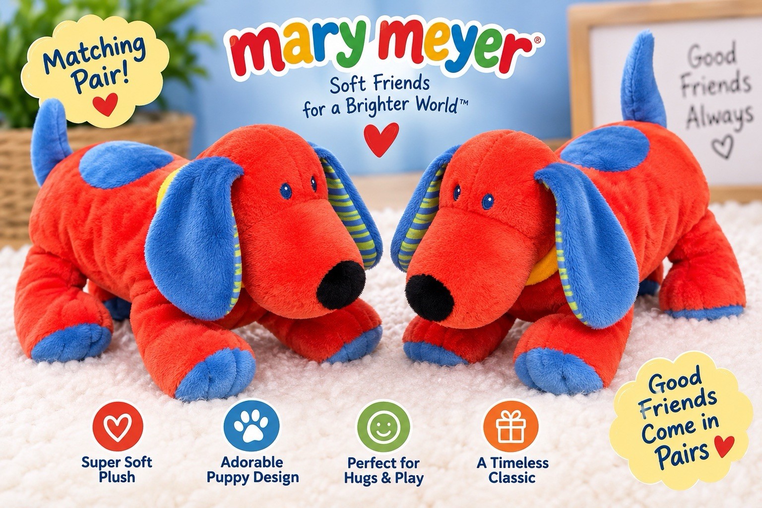 Mary Meyer Red Blue Puppy Dog Plush Stuffed Animals Matching Pair Vintage