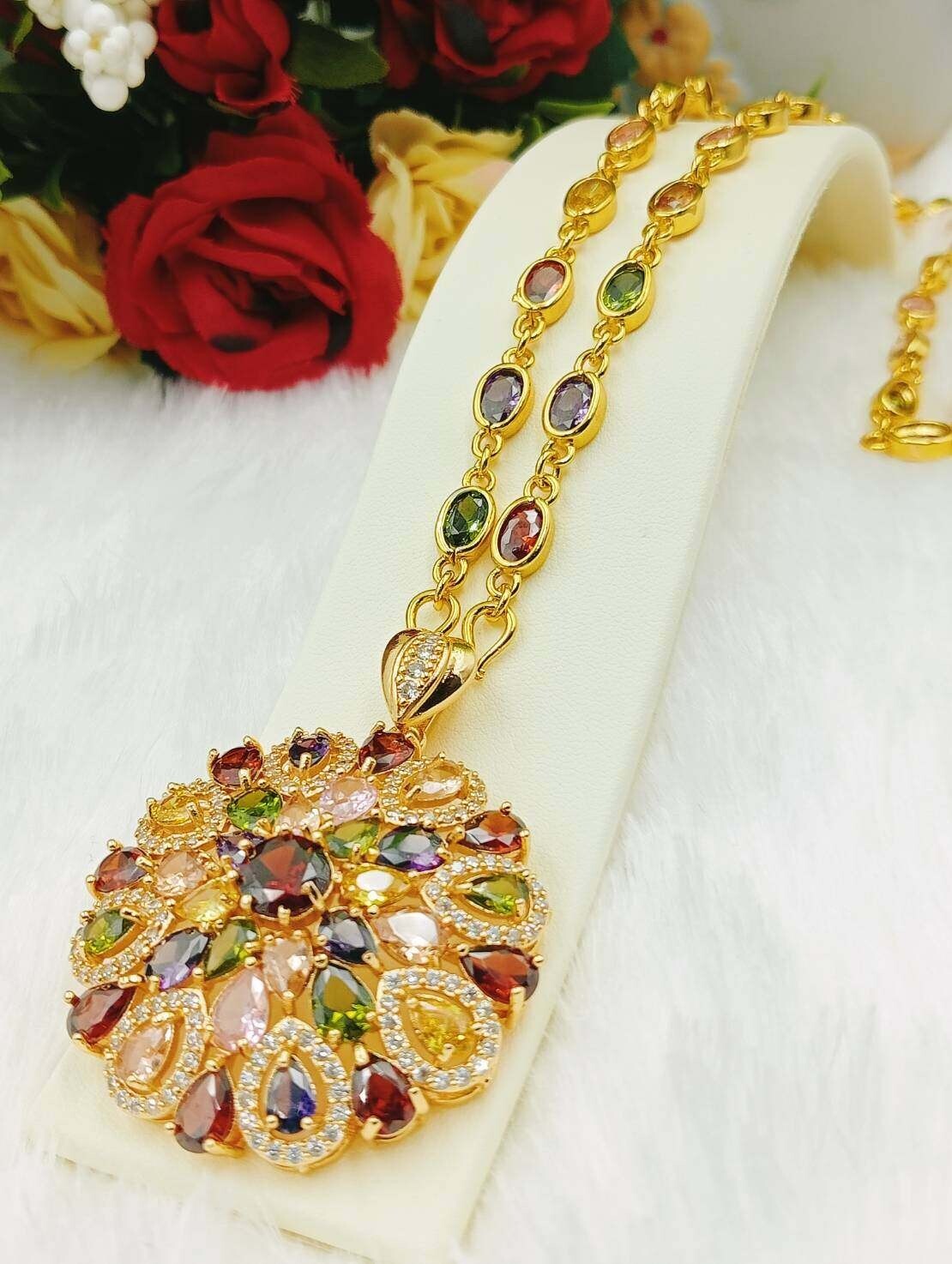Necklace Noppakao Gem 9 Colors Pendant Gold Micron Plated Jewelry Thai Amulet