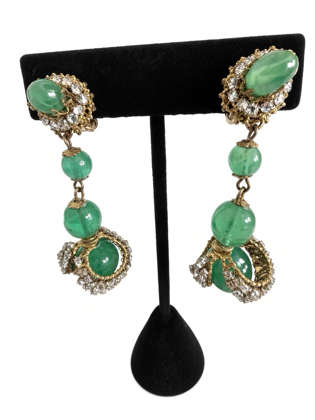 Vintage Signed Miriam Haskell Green Glass Rhinestone Dangle Clip-On Earrings
