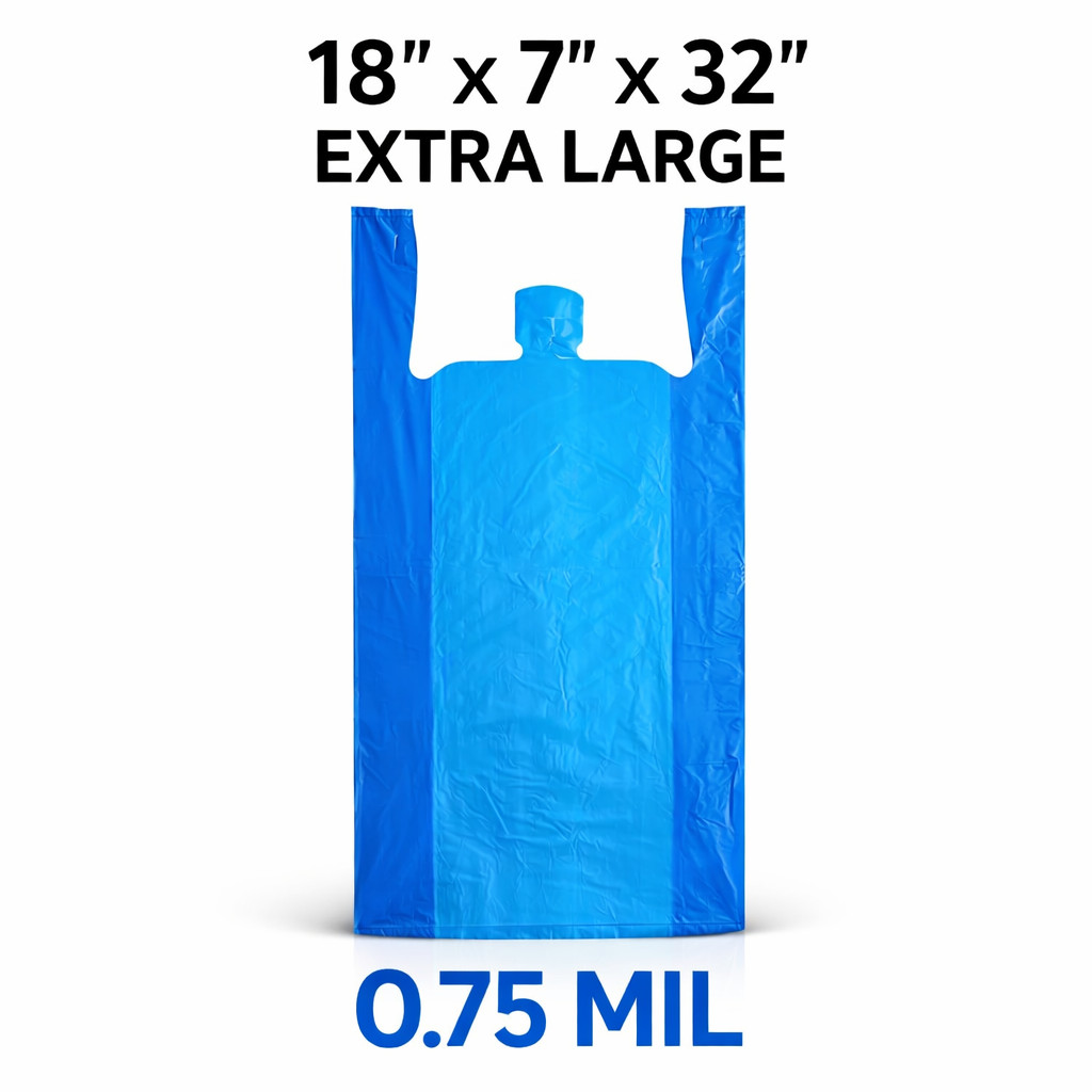 Bags Extra Large 18 x7x 32 .75 Mil Blue Heavy Duty T-Shirt Plastic Grocery Shopp