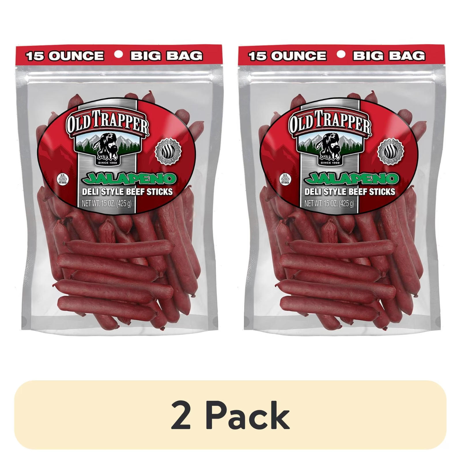 Old Trapper Jalapeno Smoked Beef Stick 15oz Resealable Bag each- 2 Pack