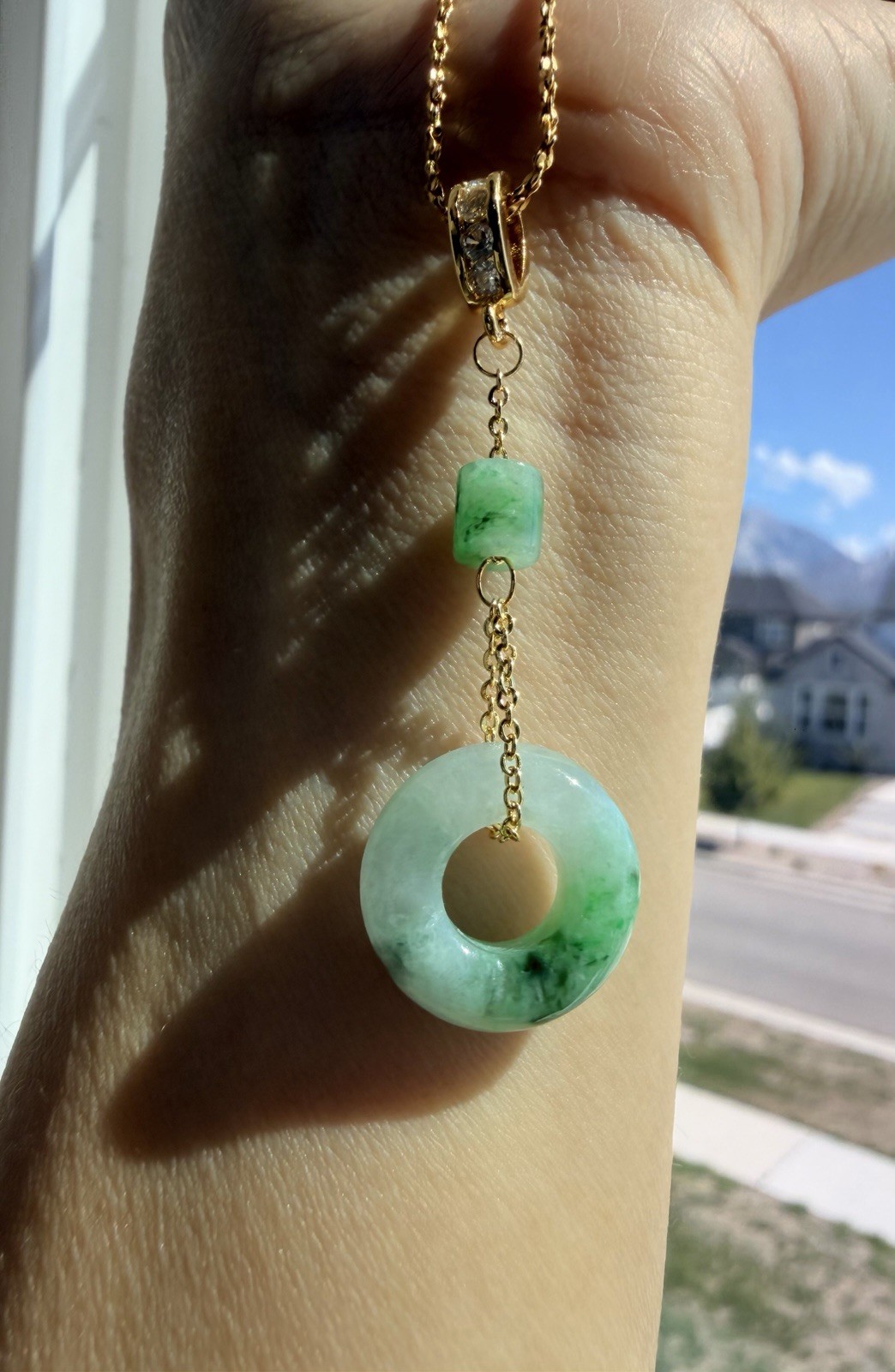 Handmade Natural Grade A Burmese Icy Floating Vivid Green Jadeite Donut Pendant