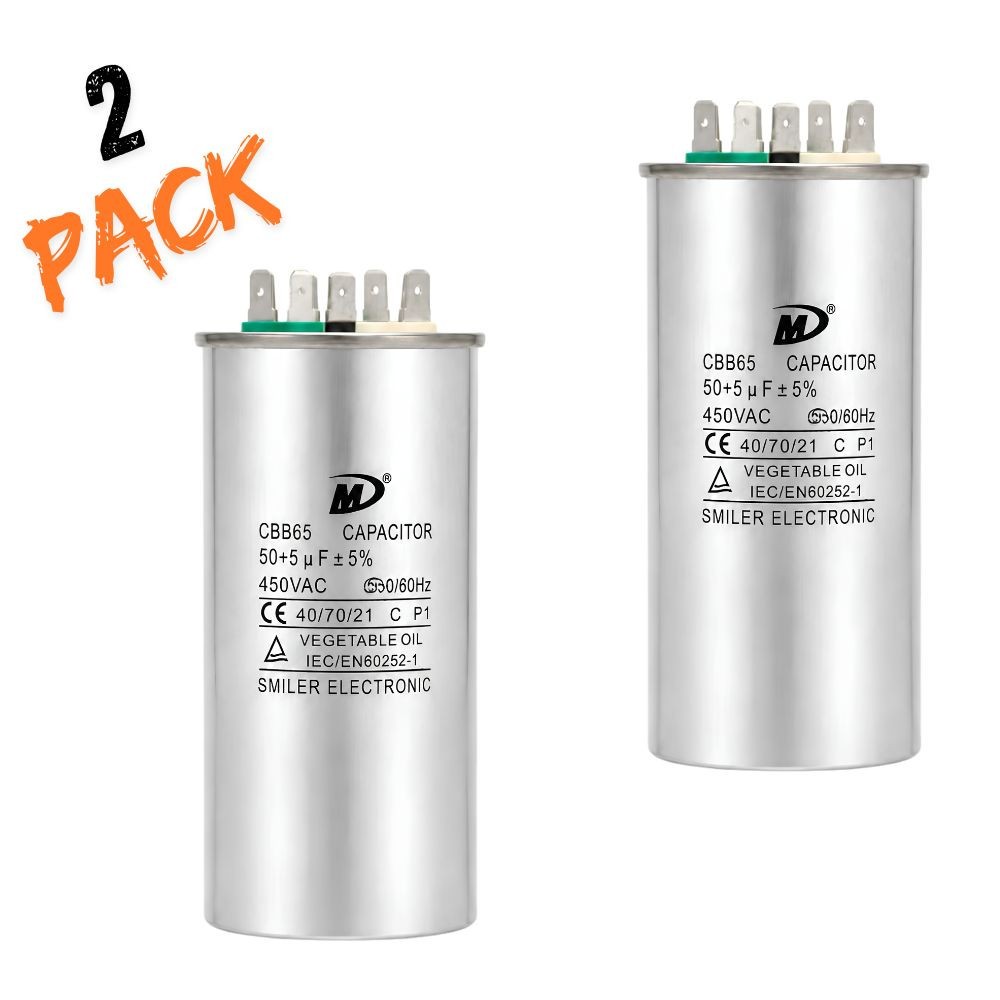 2 Pack - Air Conditioner 50/5uf, Dual Run Round Capacitor - 50+5 MFD, 450VAC NEW