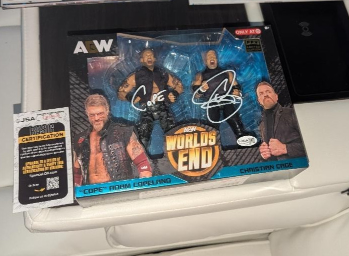 COPE ADAM COPELAND & CHRISTIAN CAGE SIGNED AEW WORLDS END FIGURE SET JSA COA