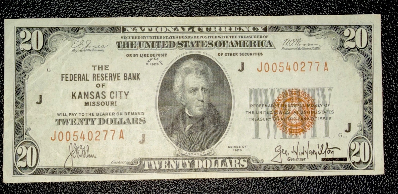 1929 $20 Federal Reserve Bank Note Kansas City Missouri FR-1870-J Brown Seal