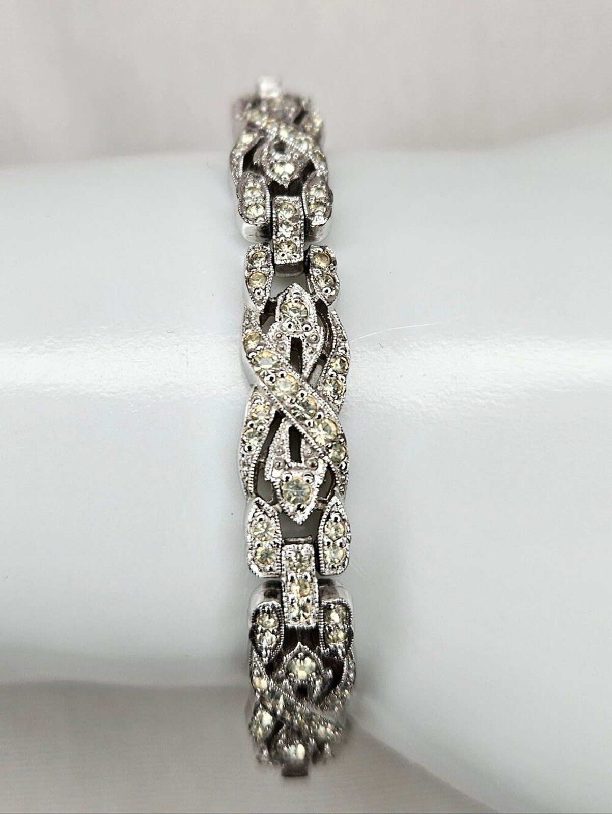 Vintage 1950s Signed Ledo Rhodium Clear Rhinestone Art Deco Link Bracelet 7\ Vintage 1950s Signed Ledo Rhodium Clear Rhinestone Art Deco Link Bracelet 7\