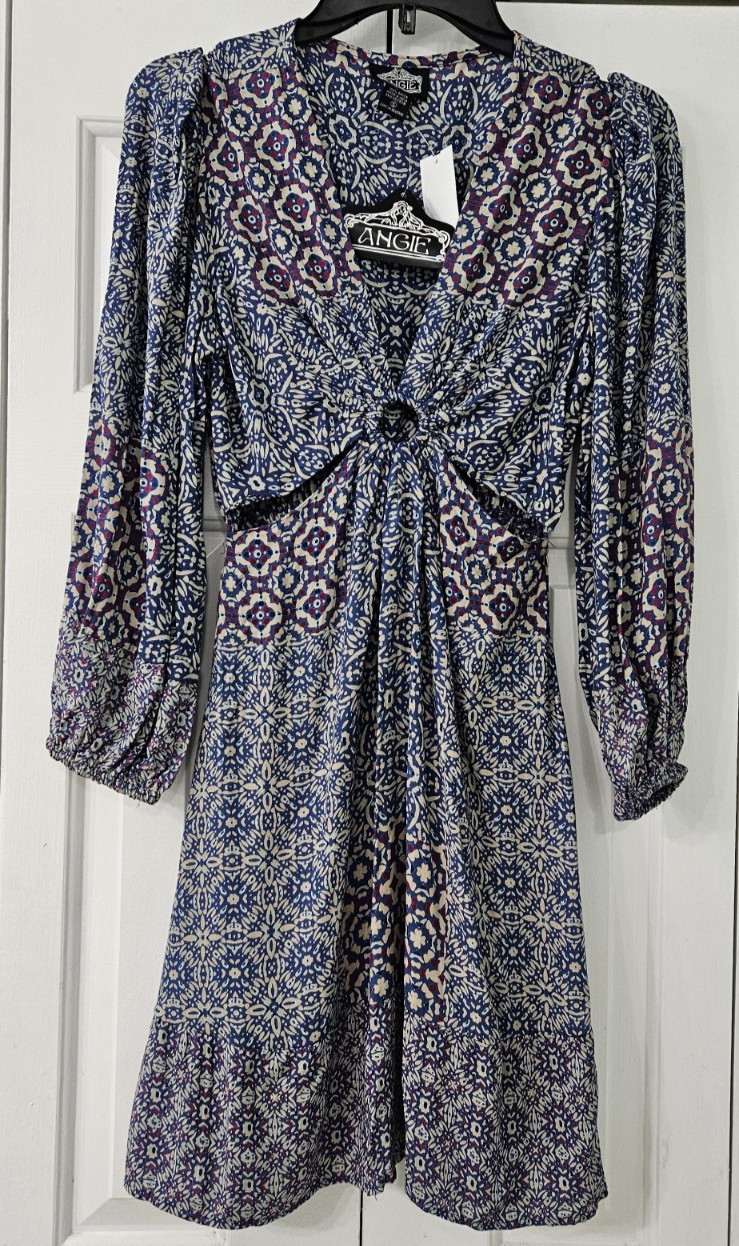ANGIE Women\'s Long Sleeve, Blue Multi, Cut-Outs Casual Dress Medium NWT (74)