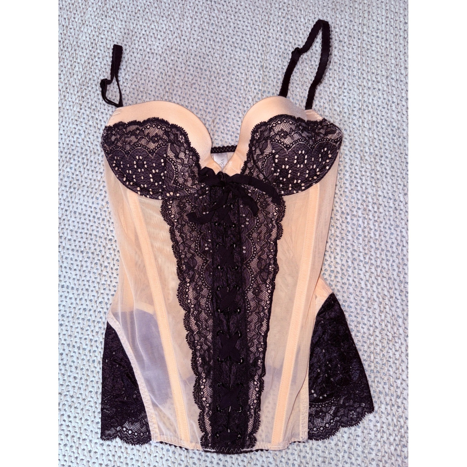 Vintage Victoria\'s Secret Black Lace Peach Mesh Bustier Corset Top 34B EUC Vintage Victoria\'s Secret Black Lace Peach Mesh Bustier Corset Top 34B EUC