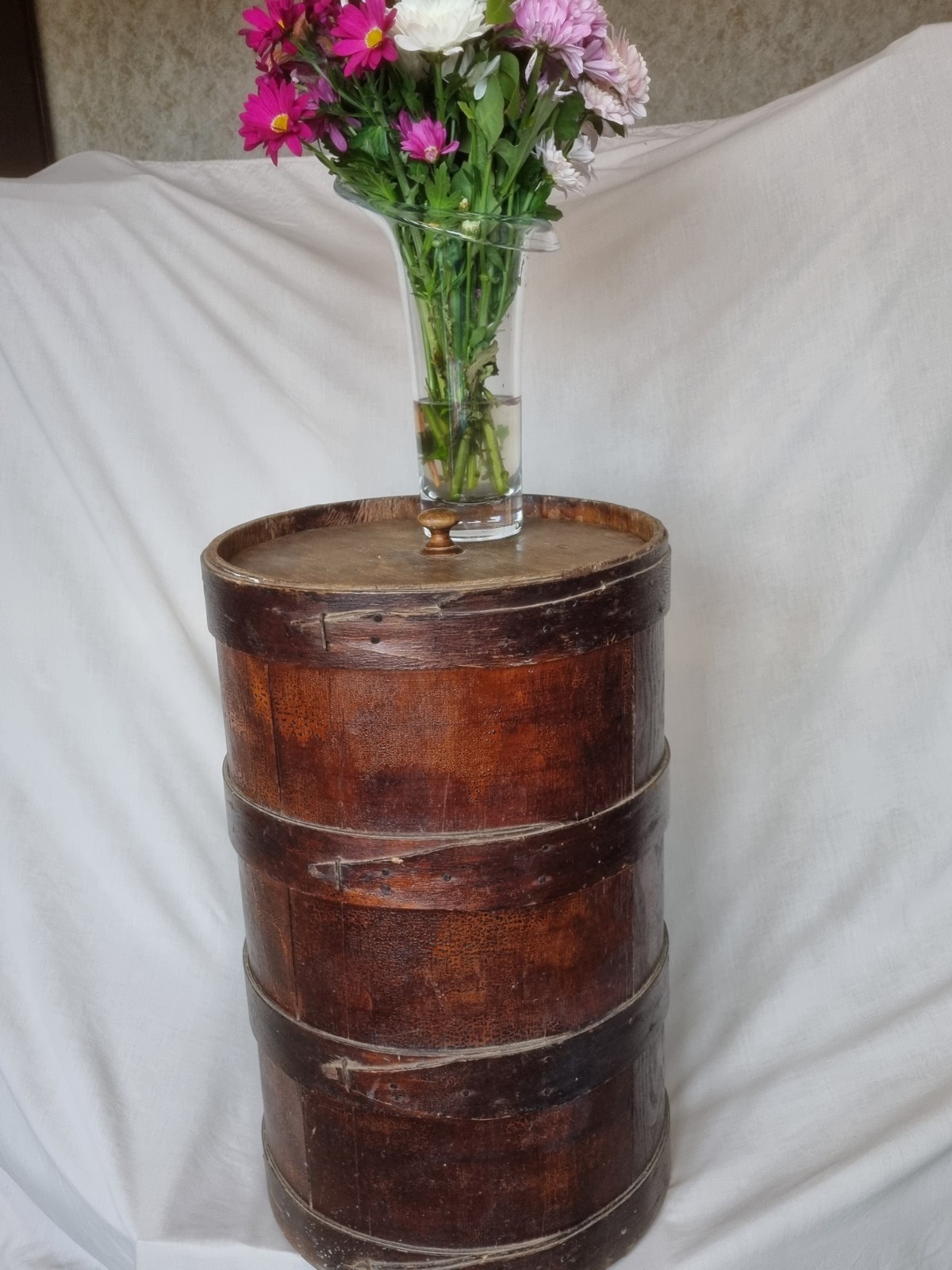 Antique Wooden Flour Bin Barrel GP 13C London Military Storage Rustic Side Table