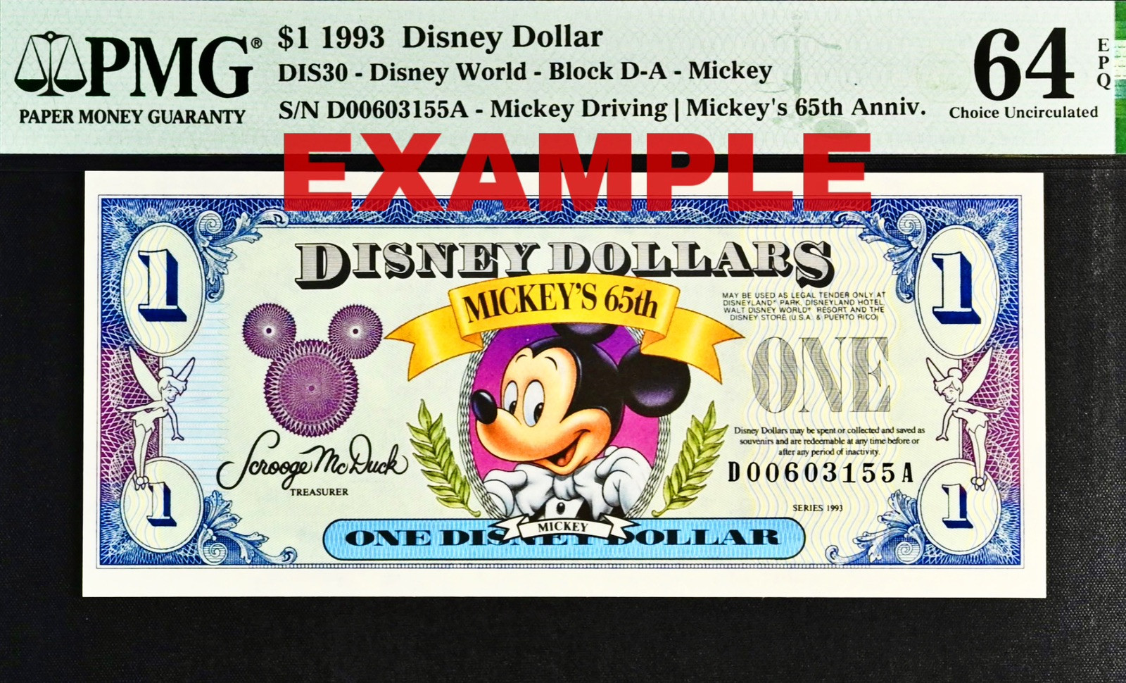 1993 $1 DISNEY DOLLAR Mickey Driving Mickey's 65th Anniv.  PMG 64 EPQ