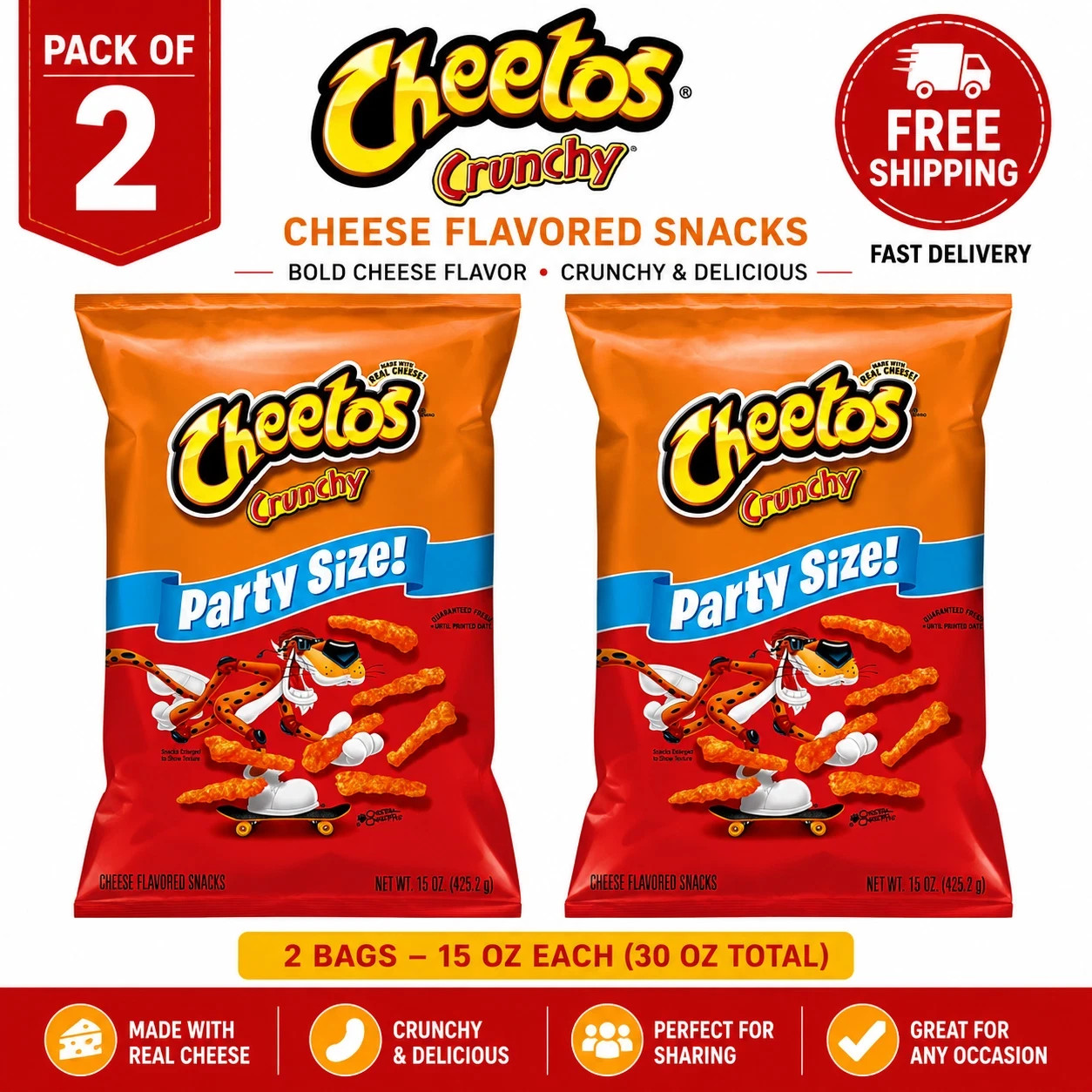 (PACK OF 2) Cheetos Crunchy Cheese Flavored Snacks 15 oz Bag New