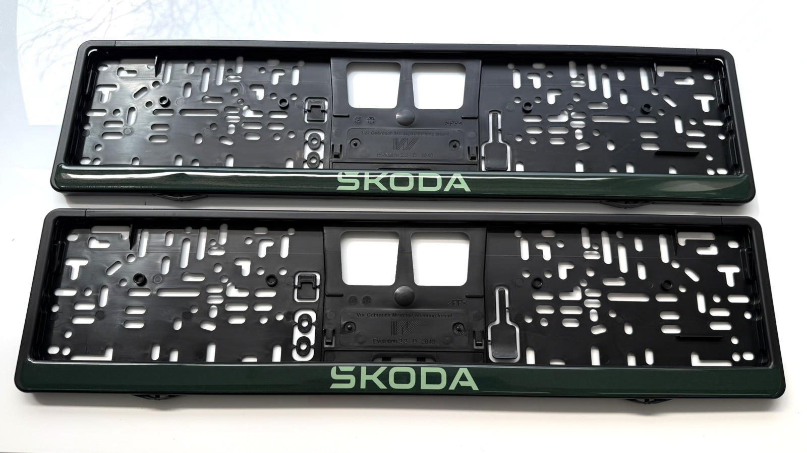 2 x New Skoda logo Green   - Quick Release - Number Plate Holders 