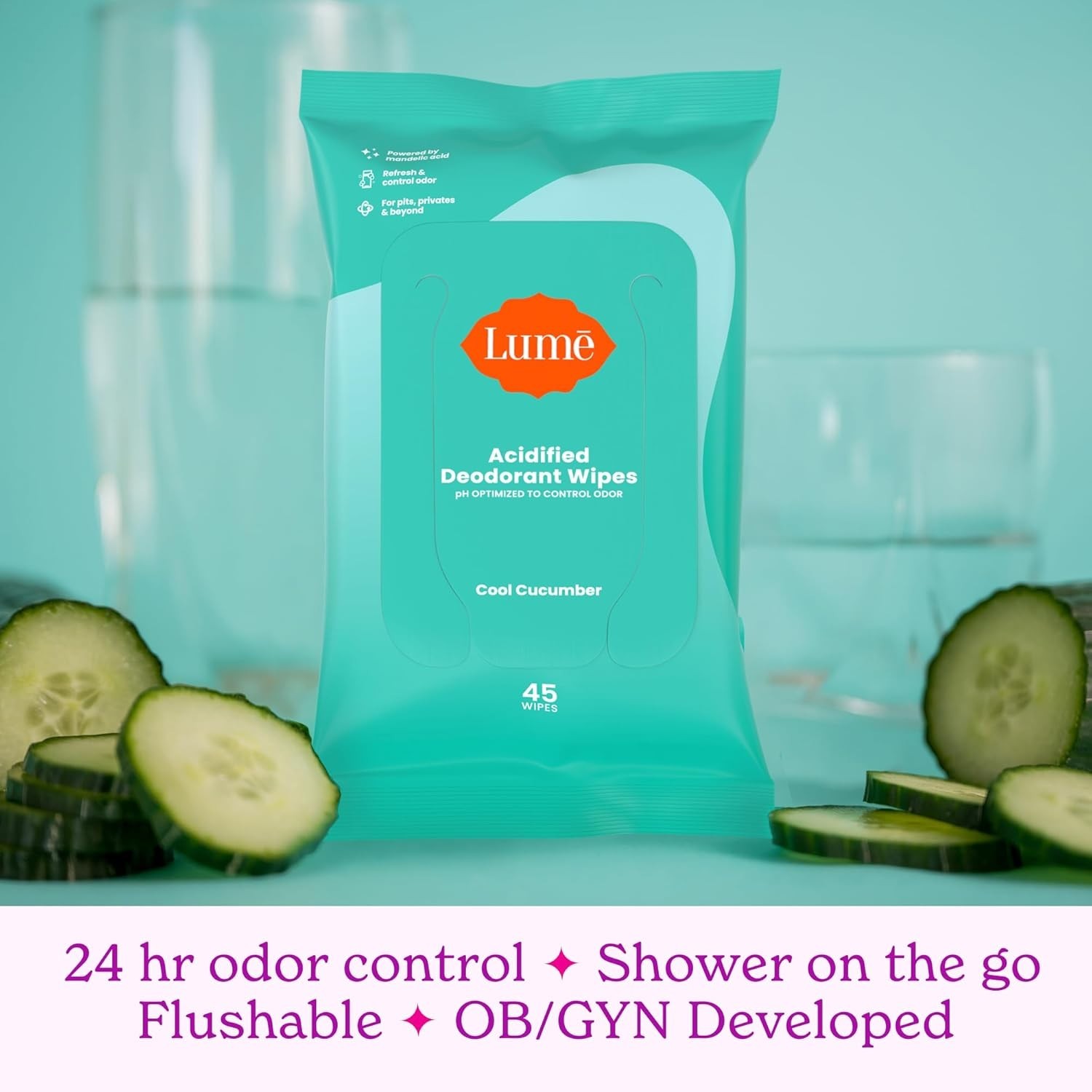 Lume Acidified Deodorant Flushable (45) Wipes 24 Hour Odor Control Cool Cucumber