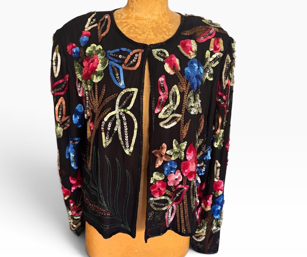 Vintage Swee Lo Silk Jacket Hand Beaded Sequin Floral Evening 1980s