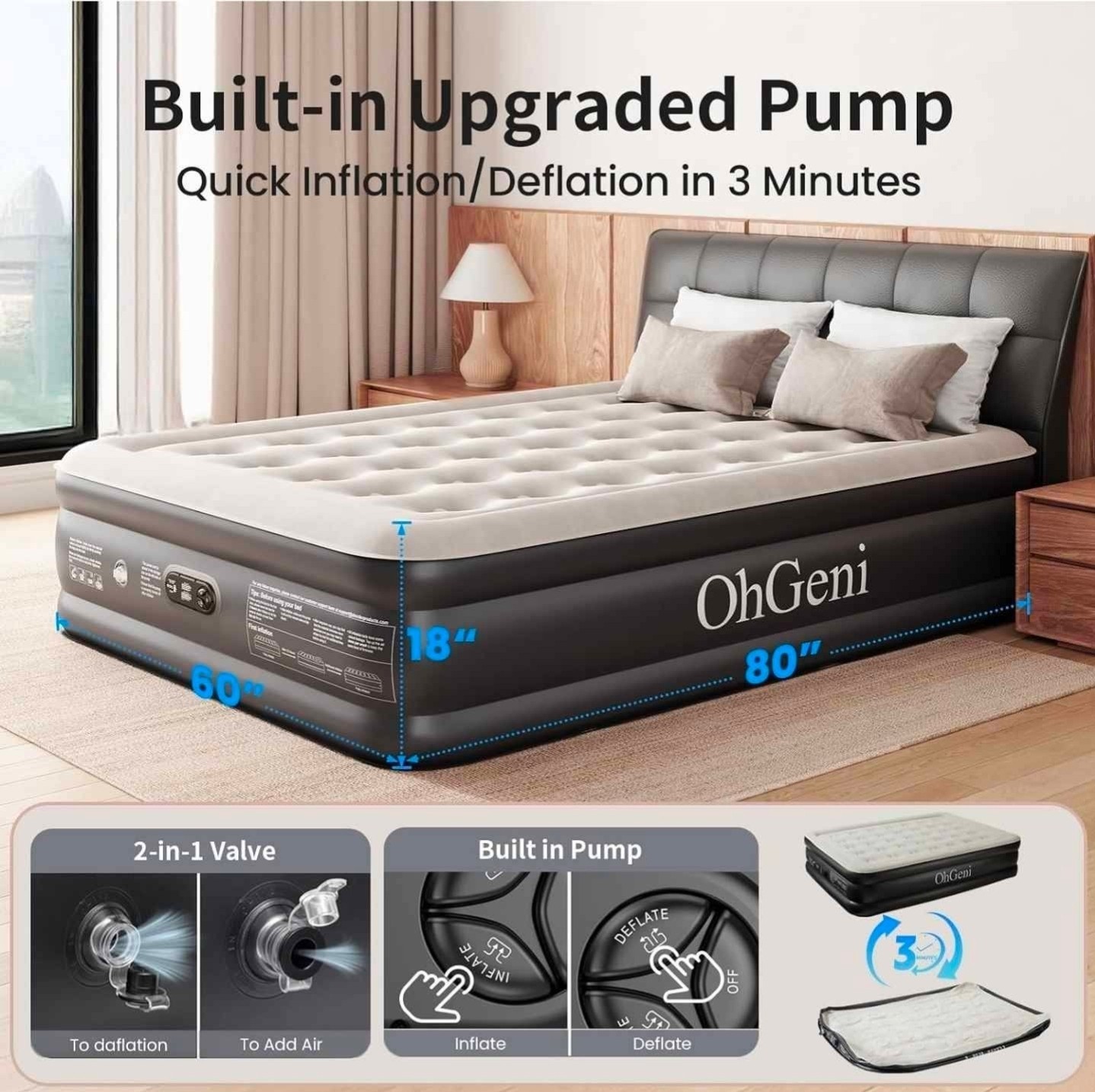 OhGeni Air Mattress Queen with Built in Pump 18 Raised Inflatable Blow Up