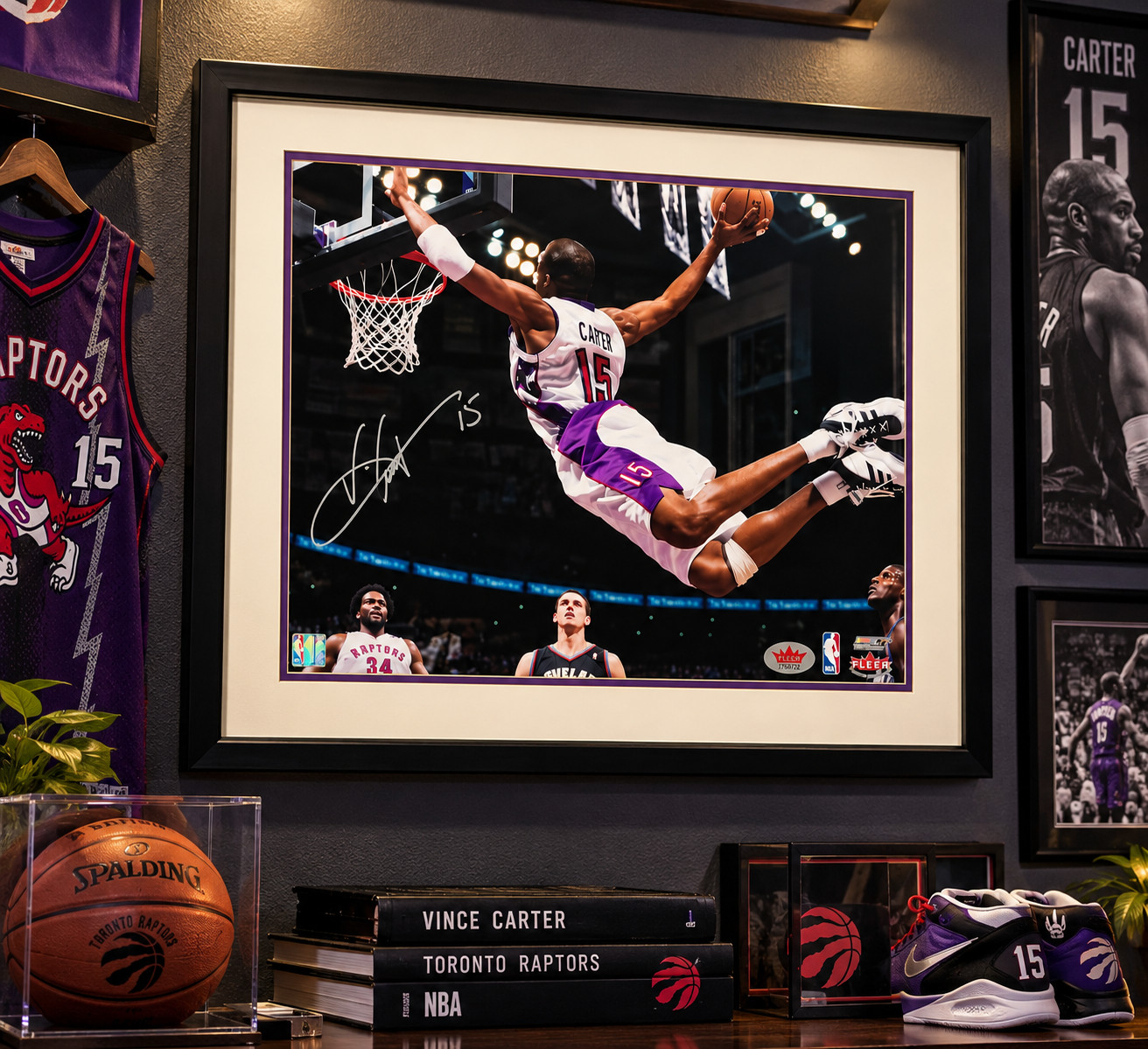 Vince Carter Signed 16x20 Man Can Fly Dunk Photo Fleer Framed 22x26 Raptors Rare