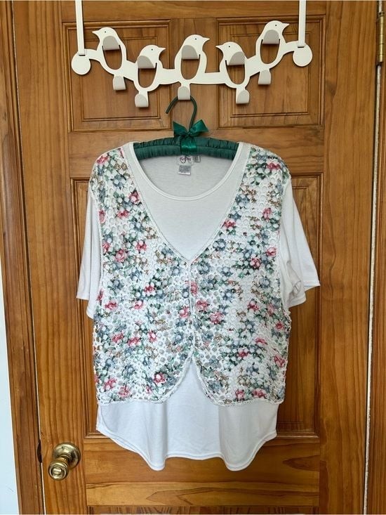 Vintage White Tee with Floral Knit Vest like Overlay Vintage White Tee with Floral Knit Vest like Overlay