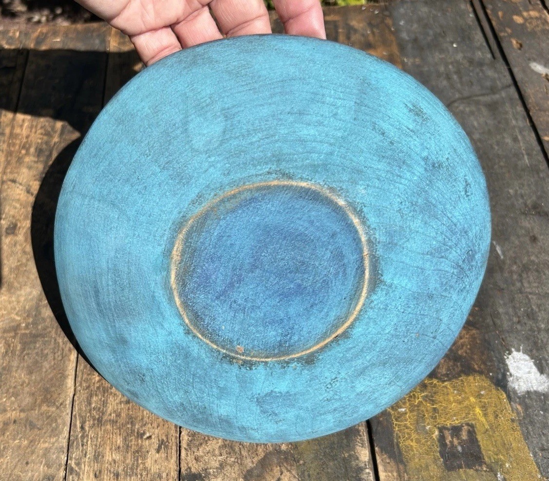 Antique Farmhouse 9” Diameter Oblong Dough Bowl Old Worn Primitive Blue Paint