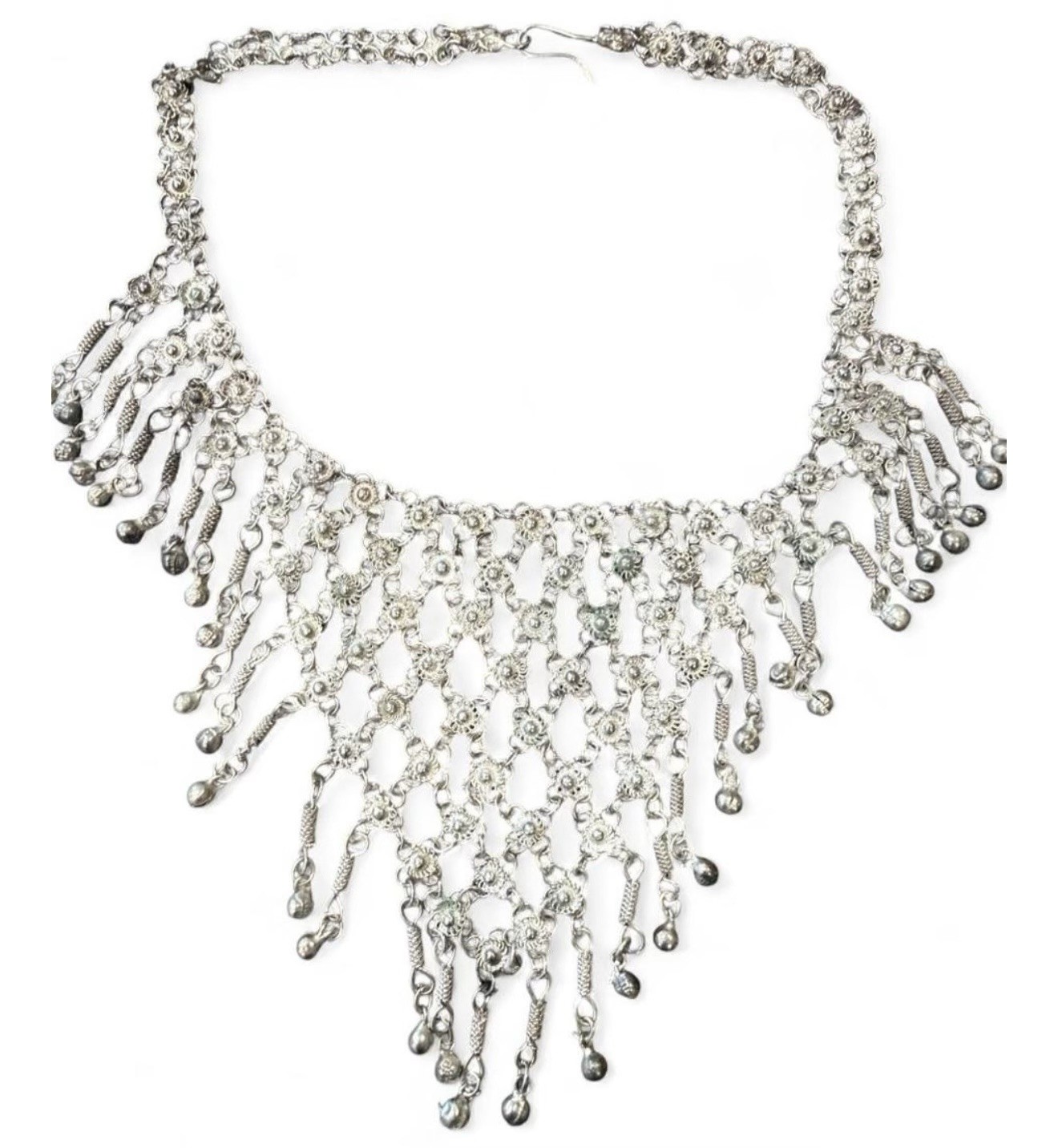 Vintage Gypsy Tribal Bib Necklace Chainmail Bells Silver Tone Boho Belly Dance