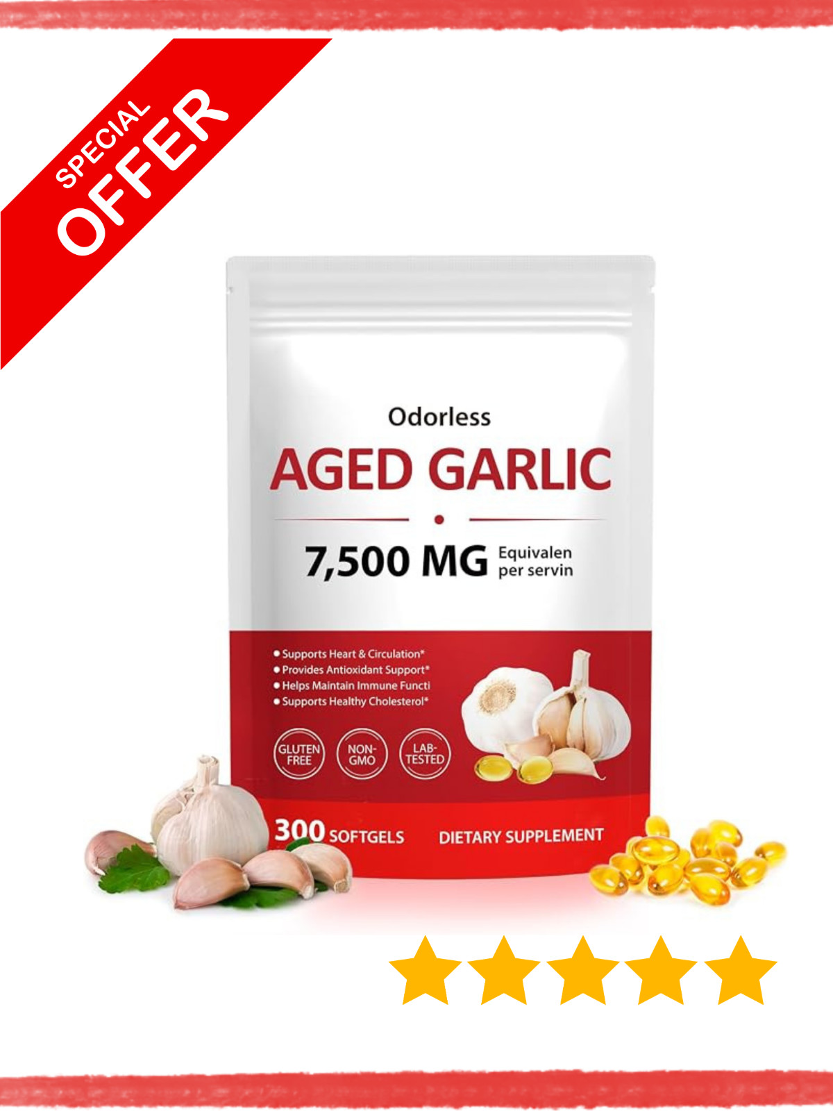 Odorless Garlic 7500Mg per Servings, 300 Softgels | 2 Years Aged Garlic Extra...