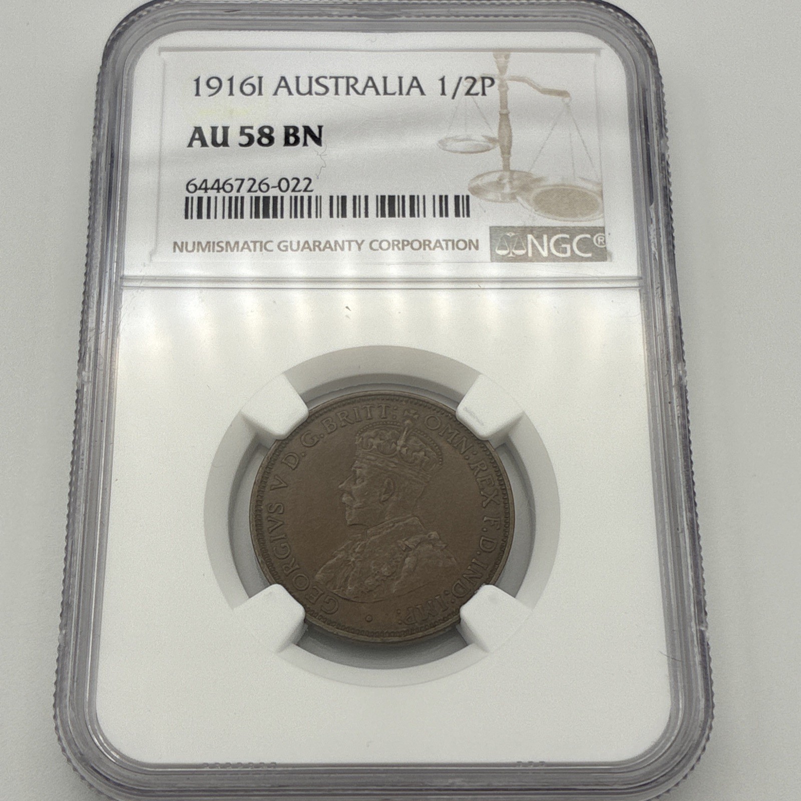 1916 I Australia 1/2 Penny NGC AU58 BN King - George V Calcutta Mint