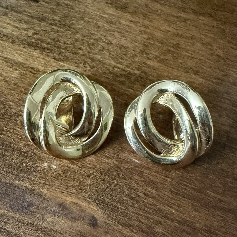 Monet Gold Tone Interlocking Knot Clip on Earrings Vintage Statement Jewelry