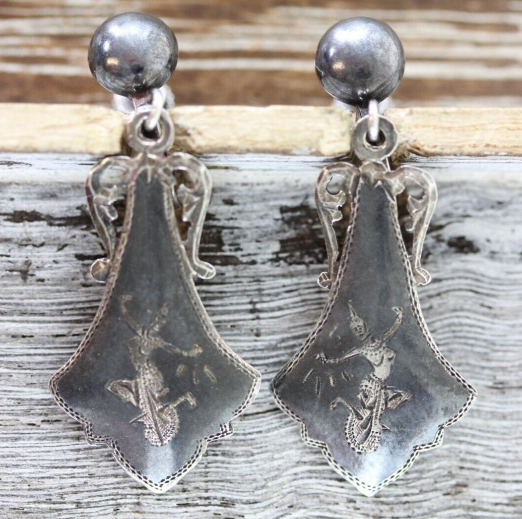 VINTAGE SIAM DANCING NIELLO STERLING SILVER EARRINGS 925 DANGLE SCREW BACK