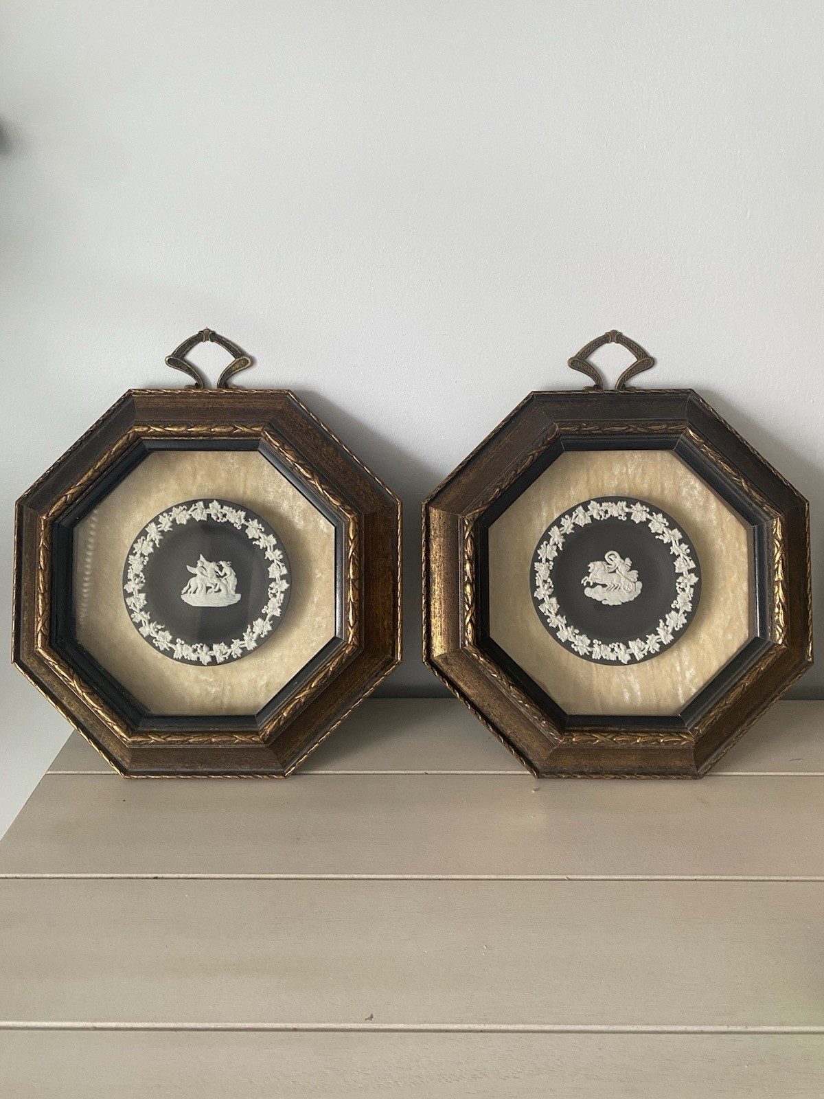 VTG Wedgwood Black Jasperware Plaque Framed Sungott Art Studios England 391-Pair