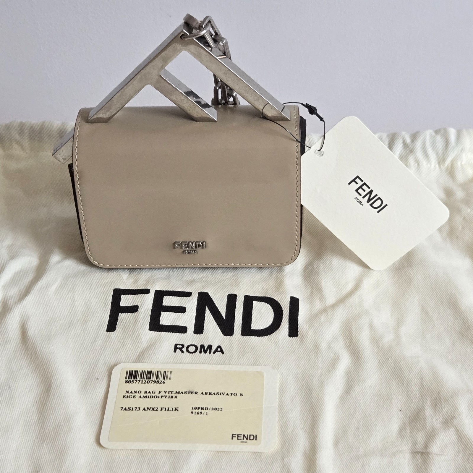 FENDI Nano  First Sight Chain Hand Bag Leather Beige 7AS173 Purse