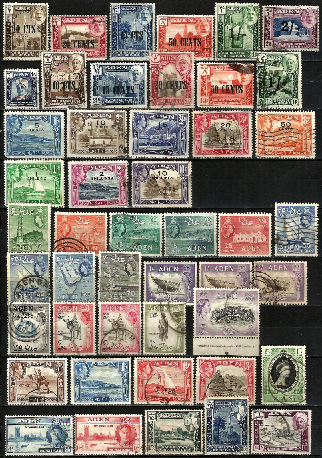 Aden 1948-1959 used collection including Kathiri State 1951 surcharges values to