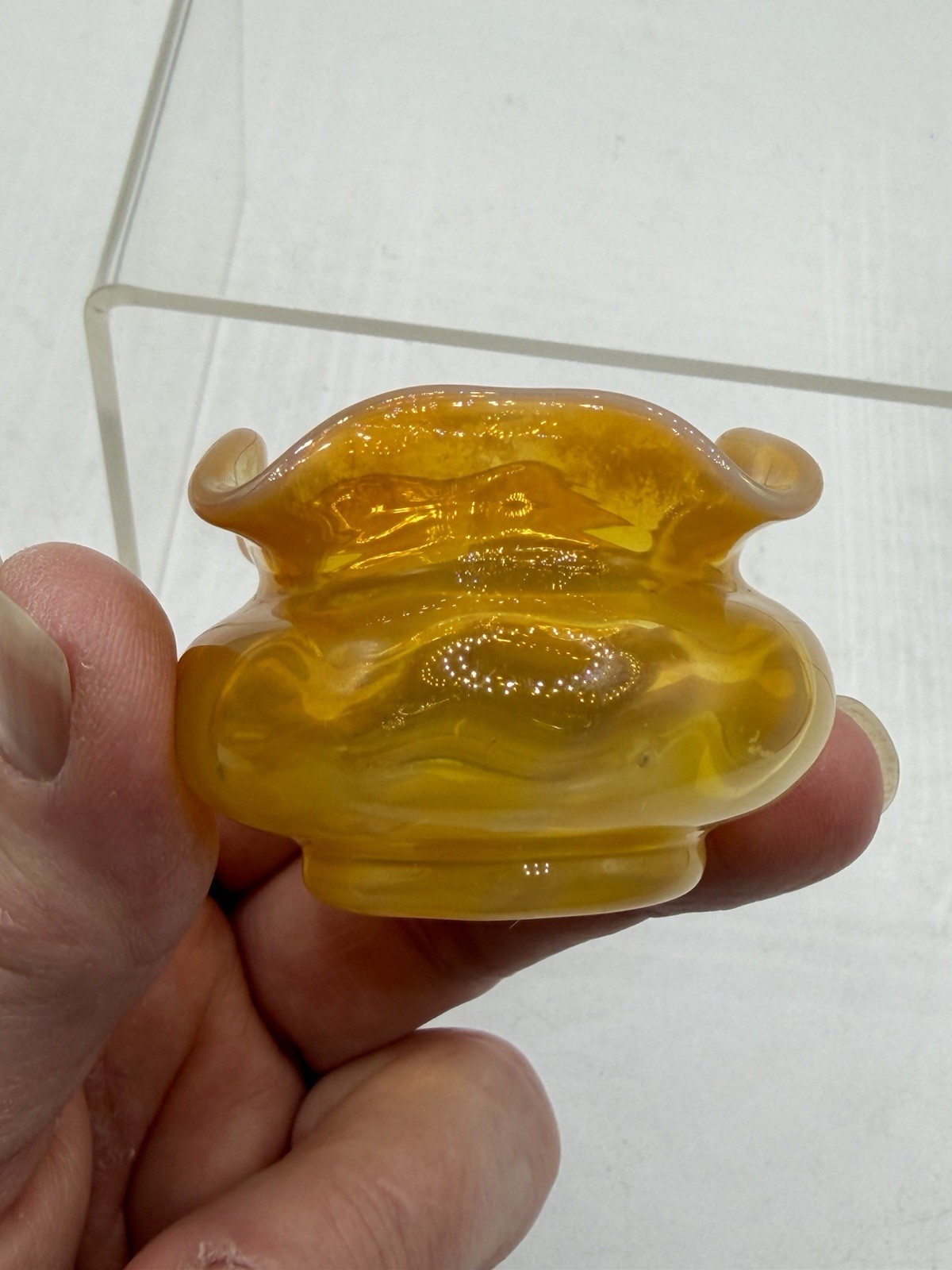 Antique Monot Stumpf Pantin Glass Gold Iridescent Ruffled Salt Dip Cellar France Antique Monot Stumpf Pantin Glass Gold Iridescent Ruffled Salt Dip Cellar France