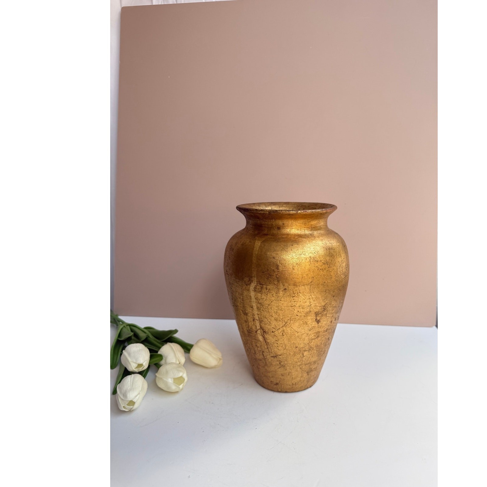 Vintage Italian Florentine Gold Gilt Ceramic Terracotta Vase 9 Aged Gold Gilding