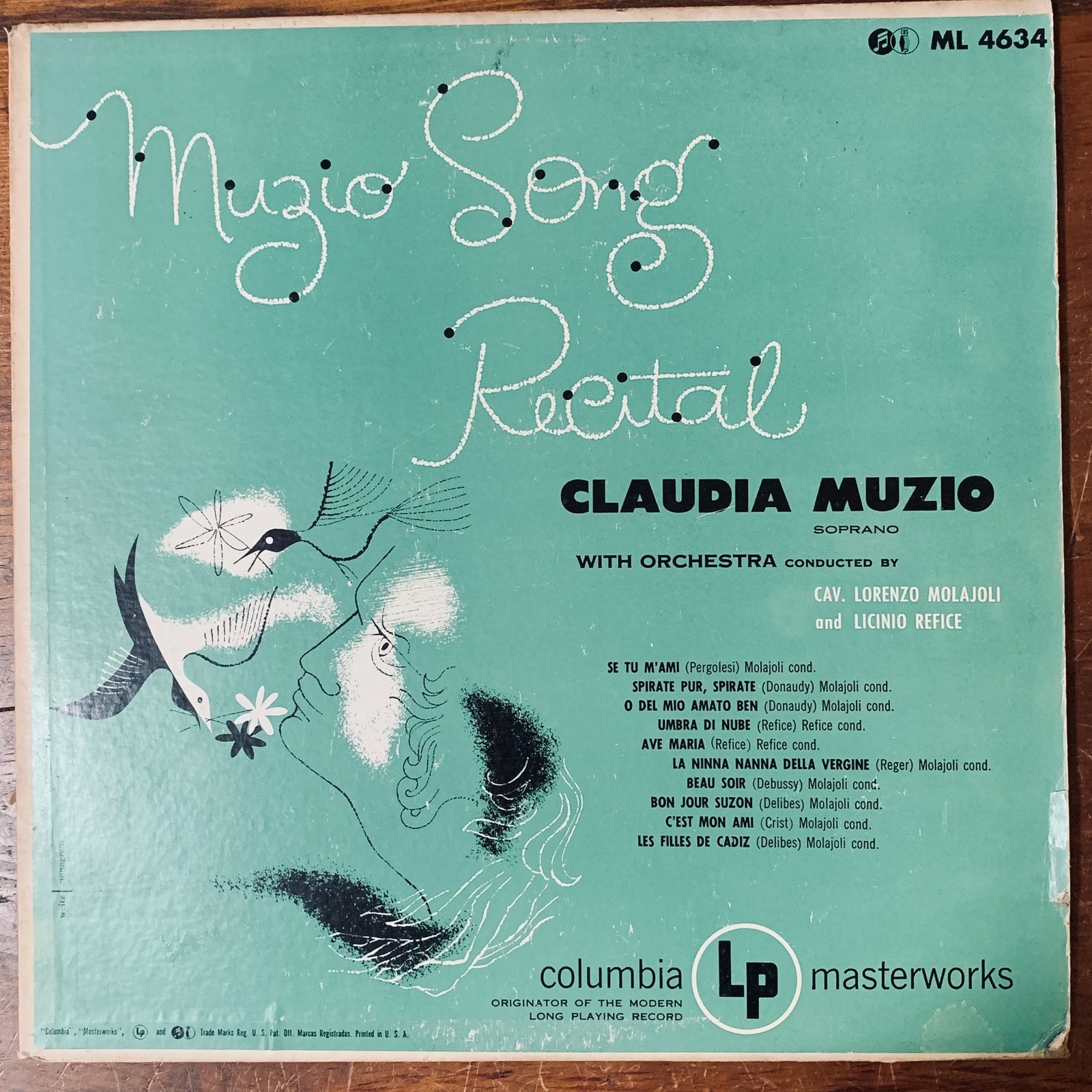 CLAUDIA MUZIO MUZIO SONG RECITAL VINYL LP COLUMBIA MASTERWORKS ML 4634 EXC 12 CLAUDIA MUZIO MUZIO SONG RECITAL VINYL LP COLUMBIA MASTERWORKS ML 4634 EXC 12